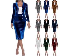 Mrat Women's Velvet 2 Piece Suit Skirt Set Elegant Two Piece Outfits Long Sleeve Lapel Button Down Blazer Jacket + Elastic High Waist Pencil Skirts Solid Slim Fit Business Work Office Wedding Guest