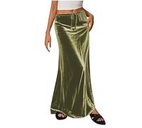 Mrat Women's Velvet Skirts Elegant Luxury Elastic Waist Maxi Skirt Ladies Party Club Midi Skirts Vintage Bodycon Casual Pencil Long Skirt Drawstring Swings Stretched Wedding Cocktail Night Out Green