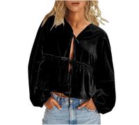 Mrat Women's Velvet Tops Cropped Shirts Lightweight Soft Tops Long Sleeve Solid Tee Shirts with Belt Ladies Elegant Comfy Cozy Blouse Regular Fit Party Clubwear Going Out Black