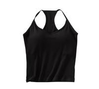 Mrat Women's Vest Top with Built in Padded Bra UK 2 in 1 Camisole Spaghetti Strap Tank Tops Slim Fit Padded Cami Ladies Comfy Soft Stretchy Yoga Undershirts Solid Homewear Sleepwear Black