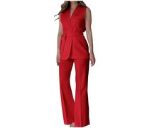 Mrat Womens Waistcoat and Trouser Set Suits 2 Pieces Set Ladies Elegant Blazer Suit Sleeveless Blazer Waistcoat with Belt Wide Leg Trousers Business Work Office Wear Suit Slim Fit Leisure Sets