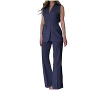 Mrat Womens Waistcoat and Trouser Set Suits 2 Pieces Set Ladies Elegant Blazer Suit Sleeveless Blazer Waistcoat with Belt Wide Leg Trousers Business Work Office Wear Suit Slim Fit Leisure Sets