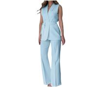 Mrat Womens Waistcoat and Trouser Suits 2 Pieces Set Ladies Elegant Blazer Sleeveless Blazers Waistcoat with Belt Wide Leg Trousers Business Work Office Wear Slim Fit Suit Leisure Sets