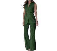 Mrat Womens Waistcoat and Trouser Suits 2 Pieces Set Ladies Elegant Blazer Sleeveless Blazers Waistcoat with Belt Wide Leg Trousers Business Work Office Wear Slim Fit Suit Leisure Sets