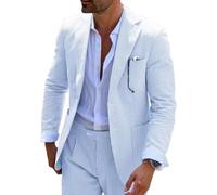 Mrbuerly Mens Blue Seersucker Summer Suits Grooms Sear Sucker Suit for Wedding Mens Formal Suits Slim Fit, Light Blue, L