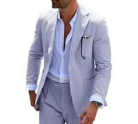 Mrbuerly Men's Striped Seersucker Suits 2 Piece Slim Fit Wedding Tuxedo Summer Beach Blue Suit Blazer Pant Sets L