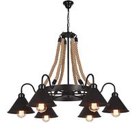 MRBVAOXVD Chandeliersp, Industrial Rustic Hemp Ro- Handwoven Black Metal Ceililight Fixture, 8-Light Socket, for Liviroom or Dinitable - Energy Class A+