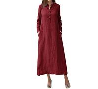 MRCMUU Womens Loose Long Maxi Dress Cotton Caftan Plain Maxi Long Dress Kaftan Linen Long Sleeve Turkish Ethnic Muslim Clothes Wine
