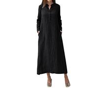 MRCMUU Womens Loose Long Maxi Dress Cotton Caftan Plain Maxi Long Dress Kaftan Linen Long Sleeve Turkish Ethnic Muslim Clothes Black