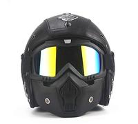 MRDEAR Vintage Scooter Helmet Black PU Leather Handmade Retro Open Face Jet Helmet Motorbike Biker Chopper Pilot Cruiser Motorcycle Crash Helmet with Visor Dust-mask Goggles,XL