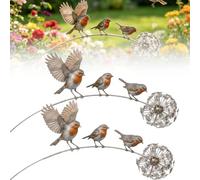 MRGIINR Robin Garden Stake, Rustic Robin Bird Yard Art Decorations with Dandeliion Accent, Metal Robins Bird Garden Sculpture,for Lawn Patio Flower Bed and Backyard, Memorial Gift (2 PCS)