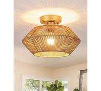 MRHYSWD Boho Rattan Flush Ceiling Lights Living Room,1 Light Wicker Chandeliers Ceiling Light Fitting for Bedroom Kitchen Dining Room Hallway, Gold Bamboo Ceiling Lighting, Without E27 Bulb