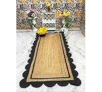 Mrida Weave 2.6x4 Ft Black & Natural Jute Premium Scalloped Jute Rug - Handcrafted Braided Natural Braided Carpet for Living Room, Bedroom, Entryway - Boho Home Decor