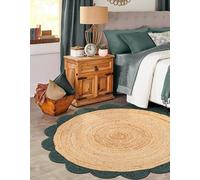 Mrida Weave 2 Ft Round Green & Natural Jute Premium Scalloped Jute Rug - Handcrafted Braided Natural Braided Carpet for Living Room, Bedroom, Entryway - Boho Home Decor