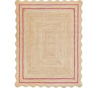 Mrida Weave 2x3 Ft Red Border Natural Scalloped Jute Rug - Eco Handcrafted Braided Mat for Living Room Carpet, Bedroom & Entryway