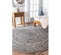 Mrida Weave Indian Handmade Braided Jute with Denim Cotton Area Rug-Floor Carpet -Bed Side Runner Rug-Home Decor Center Table Carpet - 2 x 2 Feet Round (60 cm x 60 cm)
