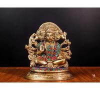 Mridaya Brass Panchamukhi Hanuman Statue - 16 CM Handmade with Stone Work Intricately Crafted Five-Faced Bajrangbali Idol for Strength & Protection