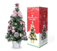 Mrinb 45CM Artificial Mini Christmas Tree with Battery Operated LED Lights, Includes Star, Baubles, Bows, Pine Cones, Tabletop Xmas Decor for Home, Office, Bar (Pink)
