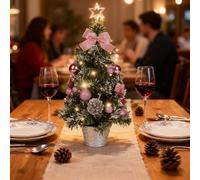 Mrinb 45CM Artificial Mini Christmas Tree with Battery Operated LED Lights, Includes Star, Baubles, Bows, Pine Cones, Tabletop Xmas Decor for Home, Office, Bar (Pink)