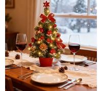 Mrinb 45CM Artificial Mini Christmas Tree with Battery Operated LED Lights, Includes Star, Baubles, Bows, Pine Cones, Tabletop Xmas Decor for Home, Office, Bar(Red)