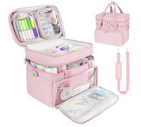 MRINCA Sewing Box for Sewing Supplies , Double-Layer Organizer Bag with Detachable Pockets & Elastic Loops, Large Portable Sewing Storage Basket for Accessories, Pink