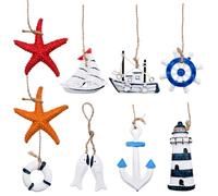 Mritrit 9 Pieces Small Nautical Wall Decor Set, Wooden Anchor, Sailboat, Lighthouse, Fishing Net Hanging Decoration, Mini Marine Ornaments for Coastal Beach House, Boat Cabin, Garden or Sea Display