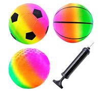 Mritrit Pack of 3 Toddler Sports Balls with Pump, 6" Inflatable Small Rainbow Football for Kids, Summer Outdoor Toys, Lightweight Playground Bouncy Balls for Garden, Park, Beach and Pool Play
