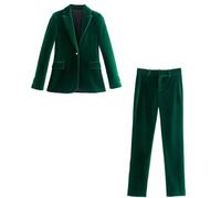 Mrjitor Women's Velvet Suit Two Pieces Set Lady Business Office One Button Tuxedos Formal Work Wear Green