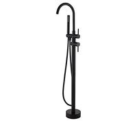MRKU Double Handle Floor Mount Tub Filler Brass Freestanding Bath Taps with Handheld Shower and 360° Swivel Spout