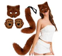MRKU Fox Costume Tail and Furry Paws Plush Gloves and Tails Cosplay Costumes for Women Dress up Party Red Brown