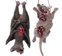 MRKU Realistic Rat and Bats for Scary Decorations 2PCS/Set Hanging Spooky Bats Horror Fake Rat Prank Prop with Bloody Scar for Haunted House Supplies