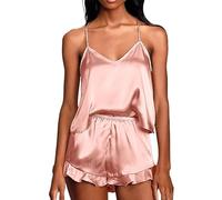 MRLILIN Womens 2 Piece Pajama Sets, Soft Comfy Sleepwear Sexy Cami And Ruffled Shorts Set Silk Nightwear Sleeveless Tank Tops Summer Casual Loungewear Nightwear Pink Xxl