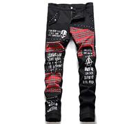 MRLION Men's Scotland Plaid Patchwork Jeans Punk Rivet Patch Denim Pants Trendy Skull Letters Printed Slim Straight Trousers,Black,33