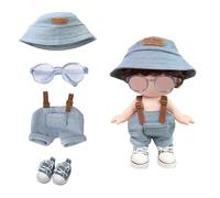 Mrltau 4-Piece Doll Clothes Outfit for 15/17 cm Vinyl Plush Doll, Casual Street Style with Overall Shorts, Bucket Hat, Canvas Sneakers, and Glasses, Modern Doll Dress-Up Accessories, Blue