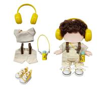 Mrltau Cute Casual Doll Outfit for 15/17cm Vinyl Plush Doll, 5-Piece Set with Overalls, Striped Shirt, Sneakers, Headphones & Bottle Charm Clothes Accessories