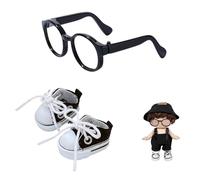 Mrltau Intellectual Style Doll Clothes Accessory Set: Black Round Glasses & Classic Sneakers for 15/17 cm Vinyl Plush Doll, Casual Scholarly Look(Black)