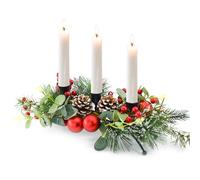 MrMrKura Christmas Tabletop Centerpiece with 3 Candle Holders, Table Decorations with Pine Cones and Red Berry Indoor Christmas Decorations for Dining Room Decor