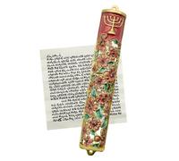 MrMrKura Mezuzah with Scroll for Door, Enamel&Zinc Alloy Blessing Mezuzah Case for Door, Colored Painted Mezuzha Scroll Kosher for Jewish Gifts/Jewish Decor, Christmas (Red and Gold)