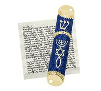 MrMrKura Mezuzah with Scroll for Door, Metal Mezuzah Case with Messianic Seal for Hebrew Home Blessing, Jewish Gifts, Jewish House Warming Decor, Christmas, Easter (Blue)