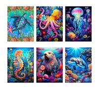 Mrnsiet 6 Pack Ocean Creatures Diamond Painting Kits for Adults Beginner,Sea Animals Round Drill Diamond Art Kits for Adults,Easy Marine Animals Gem Art and Crafts for Holiday Gifts 12X16 Inch.