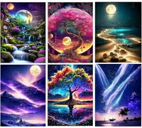 Mrnsiet 6 Packs Paint by Numbers for Adults,DIY Landscape Paint by Number Kits for Adults Beginners,Aurora and Moon Painting Craft Art for Home Wall Decor12X16Inch