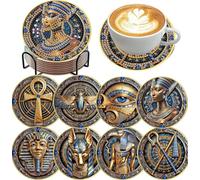 Mrnsiet 8 PCS Diamond Art Coasters Kits with Holder, 5D DIY Egyptian Diamond Pinting Coaster Acrylic Non Slip Coaster with Cork Pads for Tabletop Protection 10×10 CM