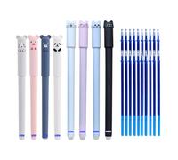 MROOFUL 28 Pcs/Set Erasable Teddy Bear Cat Animal Gel Pen Easy To Wipe Black Blue Rollerball Pen Core Animal Writing Stationery Study Office Supplies(8 Pens +20 Refills) (Blue)