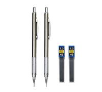 MROOFUL Silver Retractable Mechanical Pencil Set 0.5, 0.7, 0.9, 1.3, 2.0mm Refills with 2 Tube HB Lead Metal Pencil Non-slip Holder (2PCS 1.3 Pencil Set)