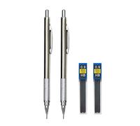 MROOFUL Silver Retractable Mechanical Pencil Set 0.5, 0.7, 0.9, 1.3, 2.0mm Refills with 2 Tube HB Lead Metal Pencil Non-slip Holder (2PCS 0.9 Pencil Set)