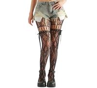 Mrotrida Women's Lace Bow Tie Flora Pattern Tights JK Strap Lace Hollow Flower Fishnet Stocking Cosplay Party Pantyhose, Black, One size