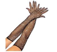 Mrotrida Women's Long Fishnet Gloves 80s Rhinestone Mesh Fingerless Opera Gloves, Black-1, One Size