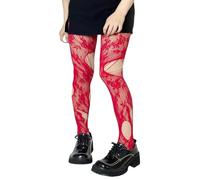 Mrotrida Women's Ripped Fishnet Tights Irregular Distressed Hole Mesh Tights Stockings Y2k Lace Sheer Pantyhose, Red, One size