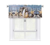 MROWYC Seashells Starfish Sand Printed Short Curtain Valance - No Drill Rod Pocket - Kitchen Bathroom Laundry Room Window Cover - Light Filtering Half Curtain