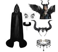 Mrqqmake Devil Costume Set for Adults Women - Malefiecent Cape with Hood Devil Horns Headband Gothic Necklace Carnival Halloween Fancy Dress Cosplay Outfit